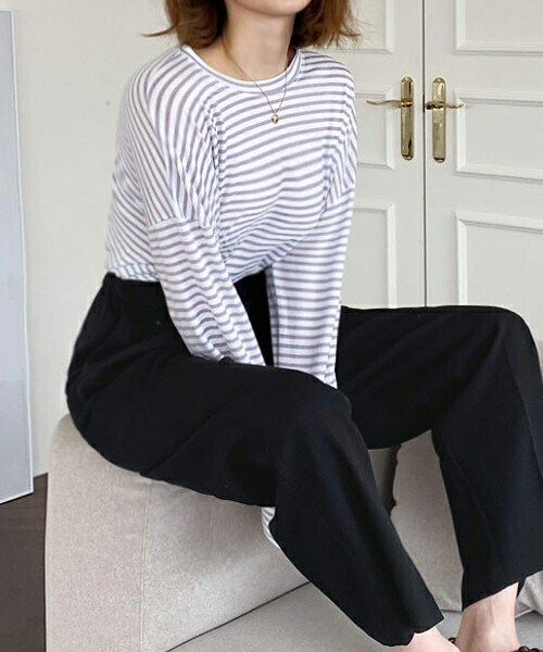 DHOLIC（ディーホリック）の「ボーダールーズTシャツ（Tシャツ/カットソー・レディース・ピンク/パープル/ブラック/ベージュ/グリーン/ブルー・ONESIZE）」の6枚目の写真