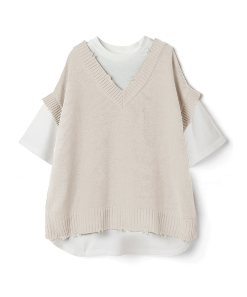 GRL（グレイル）の「バックボタンニットベストドッキングTシャツ（Tシャツ/カットソー・レディース・ベージュ/アイボリー/グリーン・F）」の2枚目の写真