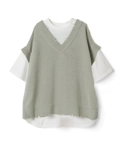 GRL（グレイル）の「バックボタンニットベストドッキングTシャツ（Tシャツ/カットソー・レディース・ベージュ/アイボリー/グリーン・F）」の3枚目の写真