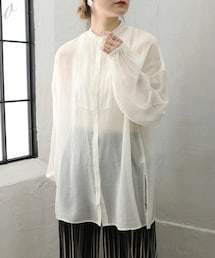 バンドカラーボリューム袖シアーシャツ