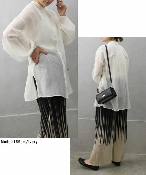 Sheson（シーズン）の「バンドカラーボリューム袖シアーシャツ（シャツ/ブラウス・レディース・アイボリー/サンドベージュ/パープルグレー・FREE）」の4枚目の写真