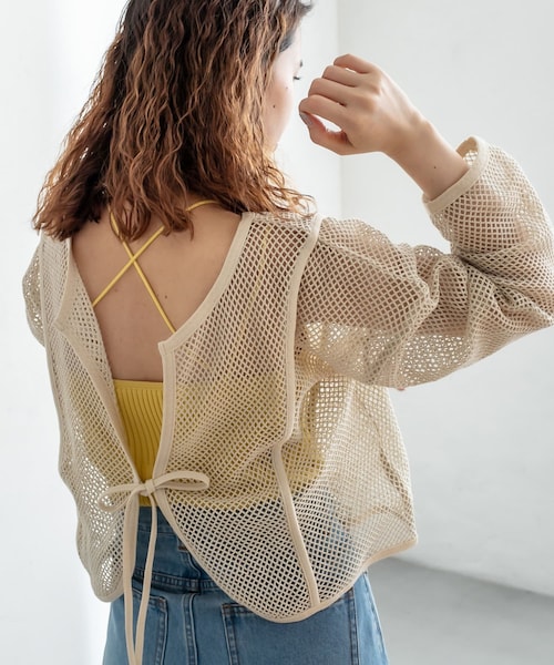 mystic（ミスティック）の「メッシュ2WAYカーディガン（Tシャツ/カットソー・レディース・アイボリー/ベージュ/オリーブ・F）」の3枚目の写真