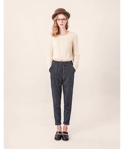 PAZZO（パッゾ）の「歐美LOOK 鬆緊單扣毛尼條紋老爺褲（パンツ・レディース・灰底白條/藍底白條・S/M/L）」の12枚目の写真