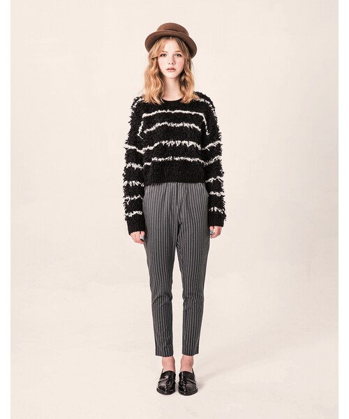 PAZZO（パッゾ）の「歐美LOOK 鬆緊單扣毛尼條紋老爺褲（パンツ・レディース・灰底白條/藍底白條・S/M/L）」の4枚目の写真