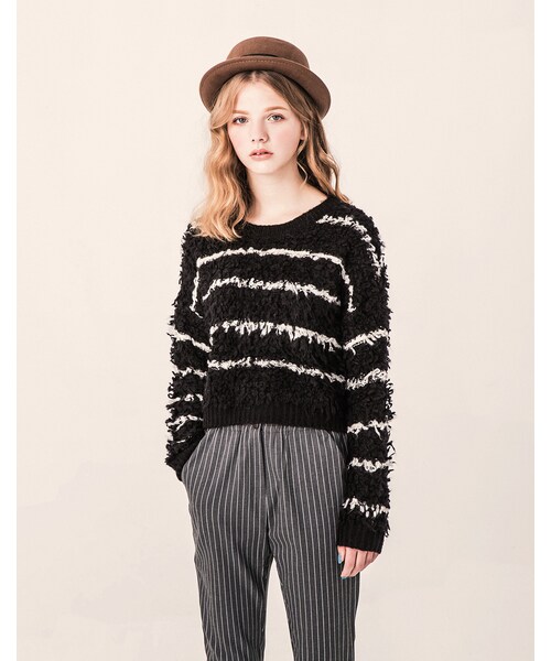 PAZZO（パッゾ）の「歐美LOOK 鬆緊單扣毛尼條紋老爺褲（パンツ・レディース・灰底白條/藍底白條・S/M/L）」の5枚目の写真