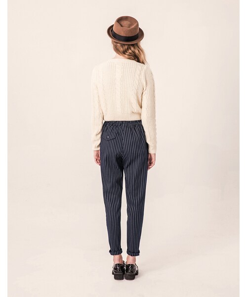 PAZZO（パッゾ）の「歐美LOOK 鬆緊單扣毛尼條紋老爺褲（パンツ・レディース・灰底白條/藍底白條・S/M/L）」の13枚目の写真