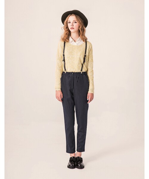 PAZZO（パッゾ）の「歐美LOOK 鬆緊單扣毛尼條紋老爺褲（パンツ・レディース・灰底白條/藍底白條・S/M/L）」の9枚目の写真