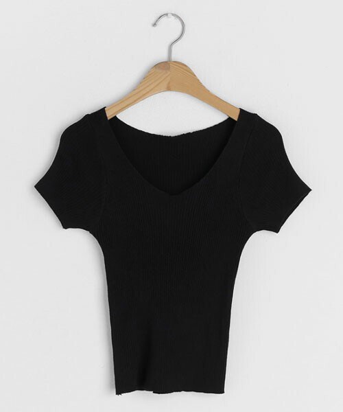 DHOLIC（ディーホリック）の「Vネックリブ半袖ニット（ニット/セーター・レディース・ベージュ/ブラック/グリーン/パープル/その他・ONESIZE）」の2枚目の写真