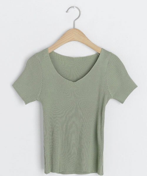 DHOLIC（ディーホリック）の「Vネックリブ半袖ニット（ニット/セーター・レディース・ベージュ/ブラック/グリーン/パープル/その他・ONESIZE）」の3枚目の写真