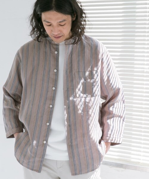 URBAN RESEARCH DOORS(アーバンリサーチドアーズ)の「亞麻立領八分袖襯衫(トップス・メンズ・原色/薄荷綠/紫色/象牙白條紋/灰褐色條紋・38/40)」の9枚目の写真