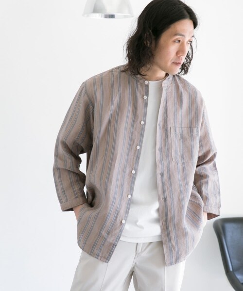 URBAN RESEARCH DOORS(アーバンリサーチドアーズ)の「亞麻立領八分袖襯衫(トップス・メンズ・原色/薄荷綠/紫色/象牙白條紋/灰褐色條紋・38/40)」の10枚目の写真