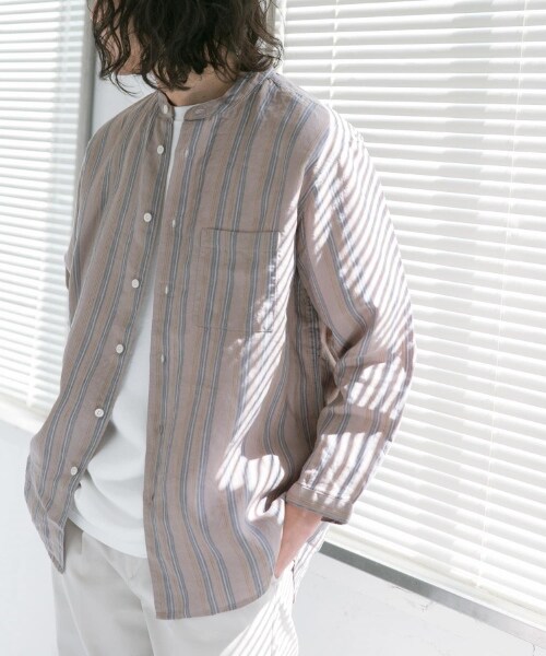 URBAN RESEARCH DOORS(アーバンリサーチドアーズ)の「亞麻立領八分袖襯衫(トップス・メンズ・原色/薄荷綠/紫色/象牙白條紋/灰褐色條紋・38/40)」の8枚目の写真
