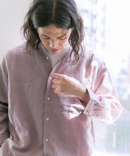 URBAN RESEARCH DOORS(アーバンリサーチドアーズ)の「亞麻立領八分袖襯衫(トップス・メンズ・原色/薄荷綠/紫色/象牙白條紋/灰褐色條紋・38/40)」の15枚目の写真