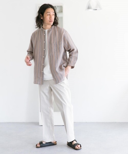URBAN RESEARCH DOORS(アーバンリサーチドアーズ)の「亞麻立領八分袖襯衫(トップス・メンズ・原色/薄荷綠/紫色/象牙白條紋/灰褐色條紋・38/40)」の12枚目の写真