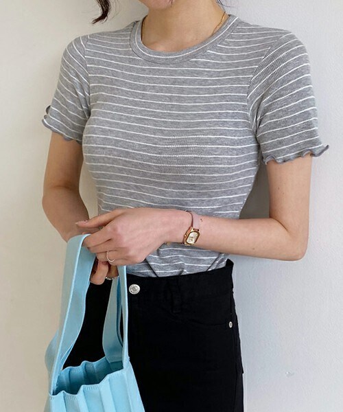 DHOLIC（ディーホリック）の「ボーダースリムＴシャツ（Tシャツ/カットソー・レディース・ホワイト/グレー/パープル/ピンク/ブラック・ONESIZE）」の3枚目の写真