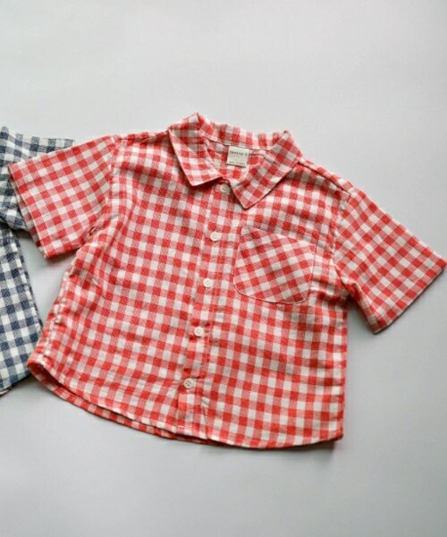 DHOLIC kids（ディーホリックキッズ）の「[sewingb] ワンポケミニチェック半袖シャツ（シャツ/ブラウス・キッズ・ブルー/レッド・S/M/L/XL）」の2枚目の写真