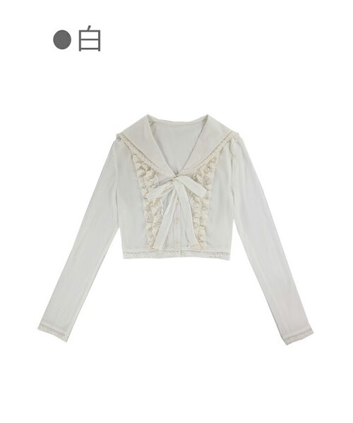Bobon21（ボボンニジュウイチ）の「セーラー襟レースフリルサマーカーディガン（シャツ/ブラウス・レディース・ブラック/ホワイト/ピンク・S/M/L）」の2枚目の写真