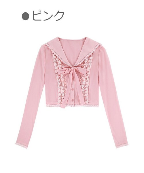 Bobon21（ボボンニジュウイチ）の「セーラー襟レースフリルサマーカーディガン（シャツ/ブラウス・レディース・ブラック/ホワイト/ピンク・S/M/L）」の3枚目の写真