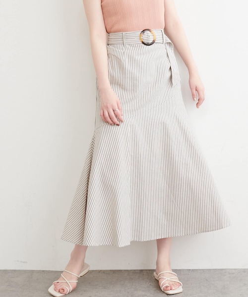 natural couture(ナチュラルクチュール)の「斜めきりかえリネンスカート(スカート・レディース・ライトベージュ/オレンジ/イエロー/ブラック/ストライプ・FREE)」の1枚目の写真