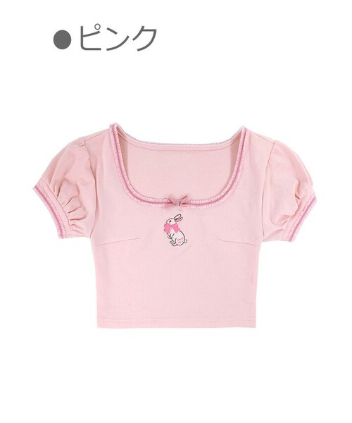 Bobon21（ボボンニジュウイチ）の「リボンうさぎ刺しゅう入りチビTシャツ（Tシャツ/カットソー・レディース・ホワイト/ピンク・S/M/L）」の2枚目の写真