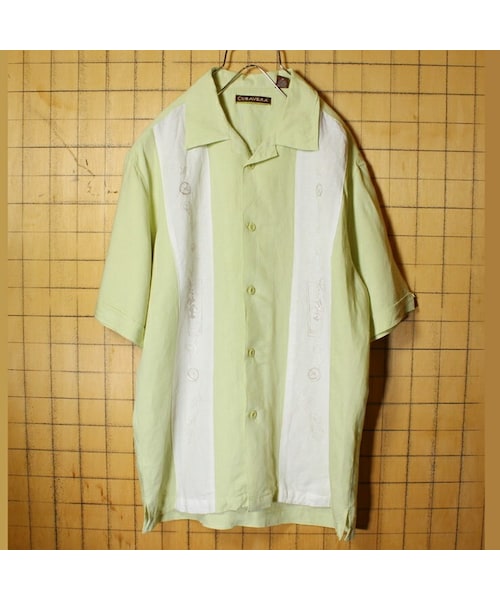 の Cubavera リネン レーヨン ボックス シャツ ライトグリーン メンズm 半袖 メキシカン キューバ 刺繍 アメリカ古着 シャツ ブラウス Wear