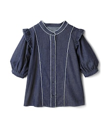 フリンジ切り替えパフスリーブフリルデニムシャツ