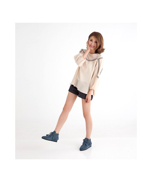 gracegift（グレースギフト）の「麂皮銅釦流蘇內增高綁帶短靴（シューズ・レディース・藍/棕/黑/正紅・35/36/37/38/39/40/41）」の5枚目の写真