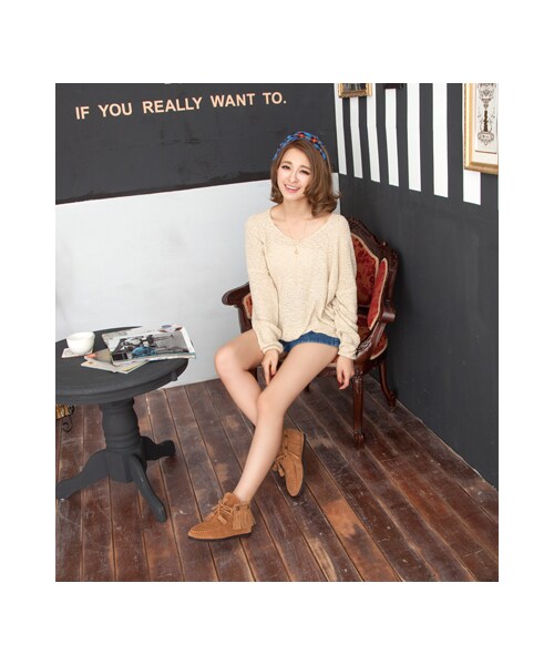 gracegift（グレースギフト）の「麂皮銅釦流蘇內增高綁帶短靴（シューズ・レディース・藍/棕/黑/正紅・35/36/37/38/39/40/41）」の17枚目の写真