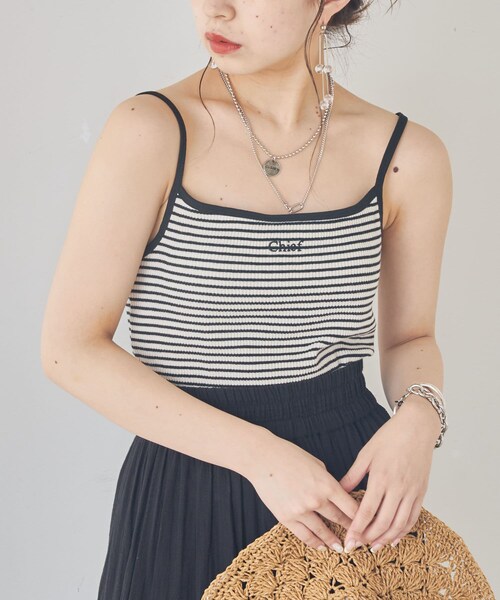 Chico(チコ)の「パット付ロゴ刺繍ボーダーキャミ(タンクトップ・レディース・ミント/ネイビー/ピンク/ブラック・F)」の2枚目の写真