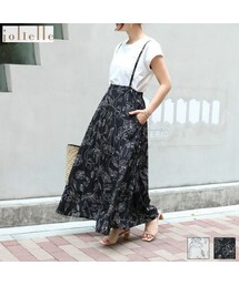 線画花柄サロペットスカート