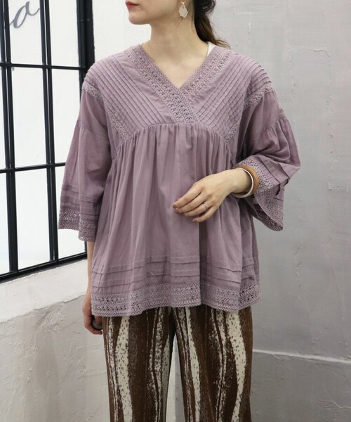 Sheson（シーズン）の「インド綿ピンタック2wayレースブラウス（シャツ/ブラウス・レディース・ホワイト/パープル/ブラック・F）」の3枚目の写真