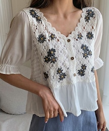 DHOLIC | Vネック花柄刺繍ブラウス・全2色・t63668(シャツ/ブラウス)