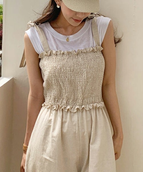 DHOLIC（ディーホリック）の「リネン混スリーブレス・全7色・t57398（タンクトップ・レディース・ピンク/グリーン/ホワイト/ブルー/グレー/ブラック/ベージュ・ONESIZE）」の2枚目の写真