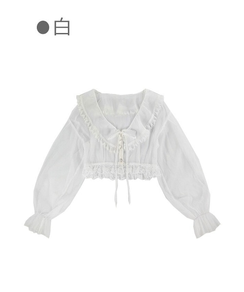 Bobon21（ボボンニジュウイチ）の「シアー感たっぷりレースフリルショート丈ガウン-全２色-（シャツ/ブラウス・レディース・ブルー/ホワイト・S/M/L）」の2枚目の写真