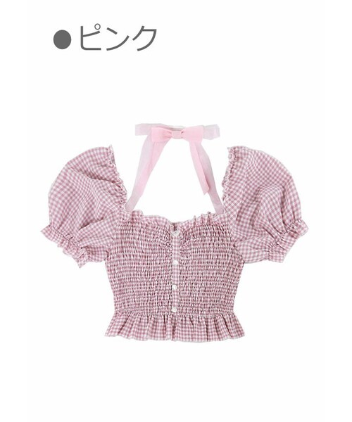 Bobon21（ボボンニジュウイチ）の「ギンガムチェックシャーリングトップス-全３色-（シャツ/ブラウス・レディース・パープル/ピンク/グリーン・S/M/L）」の3枚目の写真
