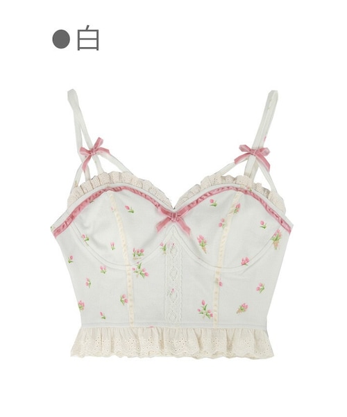 Bobon21(ボボンニジュウイチ)の「チューリップ柄ランジェリービスチェ-全2色-(キャミソール・レディース・ホワイト/ピンク・S/M/L)」の1枚目の写真