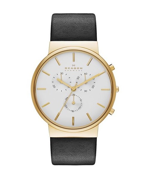 SKAGEN（スカーゲン）の「Skagen 'Ancher' Chronograph Leather Strap Watch, 40mm（アナログ腕時計・レディース・Black/ Gold）」の2枚目の写真