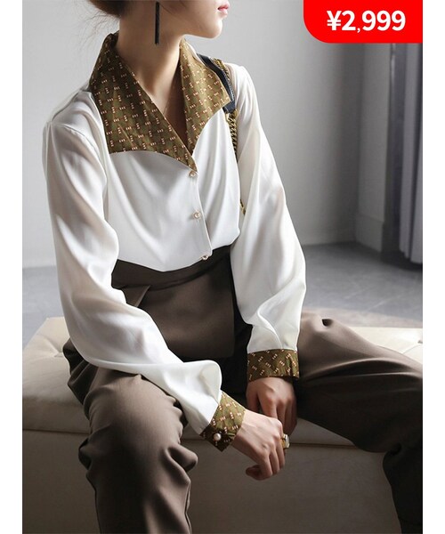 Cozyyoung(コージーヤング)の「【本店ブラウス売れ筋ランキング一位】【期間限定¥2,999】2021ヴィンテージ長袖上品なブラウス(シャツ/ブラウス・レディース・イエロー/ホワイト・S)」の1枚目の写真