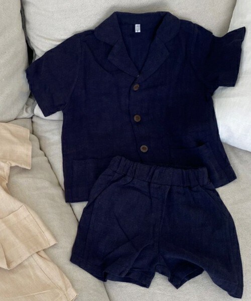 DHOLIC kids（ディーホリックキッズ）の「[more] リネン混シャツ上下SET(kids)（セットアップ・キッズ・ベージュ/ブルー・S/M/L/XL）」の2枚目の写真
