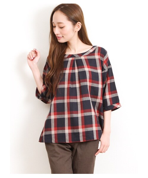 Green Parks fuuwa(グリーンパークスフーワ)の「・Uチェック7分袖ブラウス(シャツ・ブラウス・レディース・レッド/イエロー/グリーン・F)」の3枚目の写真