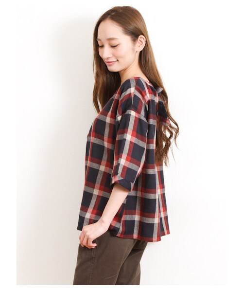 Green Parks fuuwa(グリーンパークスフーワ)の「・Uチェック7分袖ブラウス(シャツ・ブラウス・レディース・レッド/イエロー/グリーン・F)」の5枚目の写真