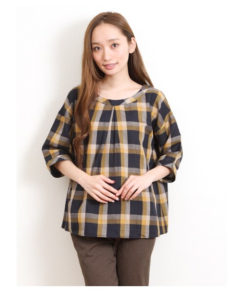 Green Parks fuuwa(グリーンパークスフーワ)の「・Uチェック7分袖ブラウス(シャツ・ブラウス・レディース・レッド/イエロー/グリーン・F)」の2枚目の写真