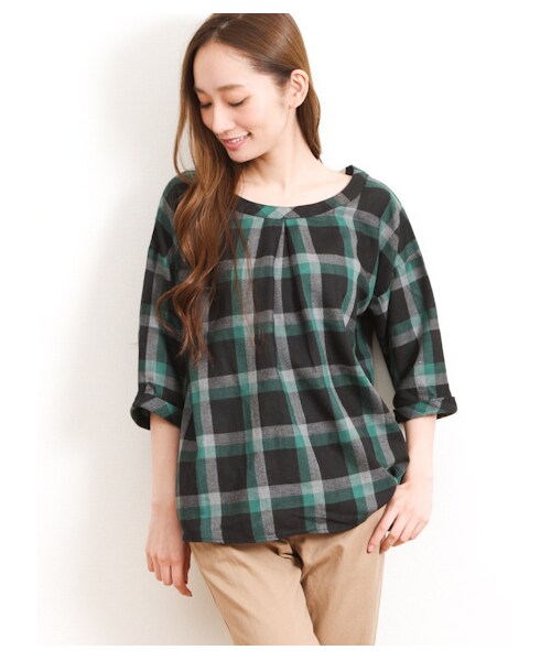 Green Parks fuuwa(グリーンパークスフーワ)の「・Uチェック7分袖ブラウス(シャツ・ブラウス・レディース・レッド/イエロー/グリーン・F)」の1枚目の写真