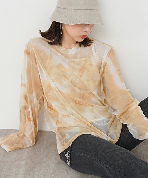 ipumu(イプム)の「タイダイシアーロンTシャツ・全3色・t00570(Tシャツ/カットソー・レディース・オレンジ/グリーン/ブラック・ONESIZE)」の1枚目の写真