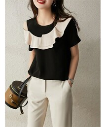 Cozyyoung | 肩レスフリル丸襟ドレープトップス(カバーオール)