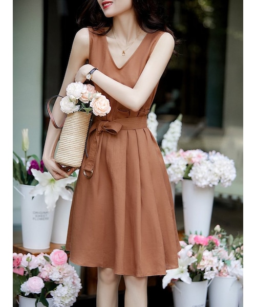 Cozyyoung（コージーヤング）の「リネン側しわ ワンピース（ワンピース・レディース・オレンジ・S/M/L/XL）」の2枚目の写真