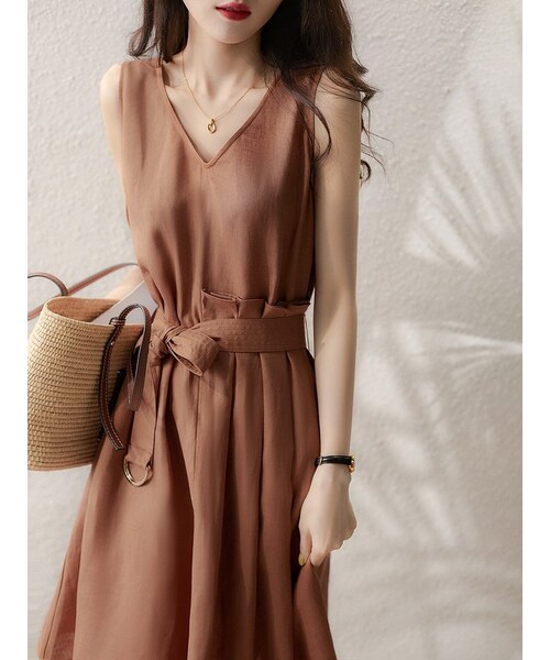 Cozyyoung（コージーヤング）の「リネン側しわ ワンピース（ワンピース・レディース・オレンジ・S/M/L/XL）」の4枚目の写真