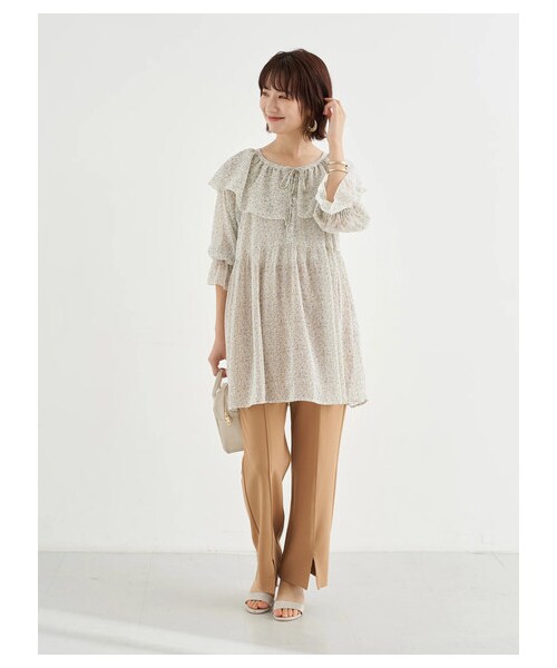 earth music&ecology（アースミュージックアンドエコロジー）の「前後2wayフリルカラーレースアップチュニック（ワンピース/ドレス・アイボリー/フラワーブラック/フラワー/フラワーサックス・F）」の14枚目の写真