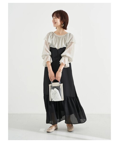 earth music&ecology（アースミュージックアンドエコロジー）の「前後2wayフリルカラーレースアップチュニック（ワンピース/ドレス・アイボリー/フラワーブラック/フラワー/フラワーサックス・F）」の16枚目の写真