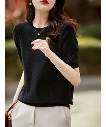 Cozyyoung | 軽奢で目立たないカラーのスパンコールの丸首ニットウェア(Tシャツ/カットソー)